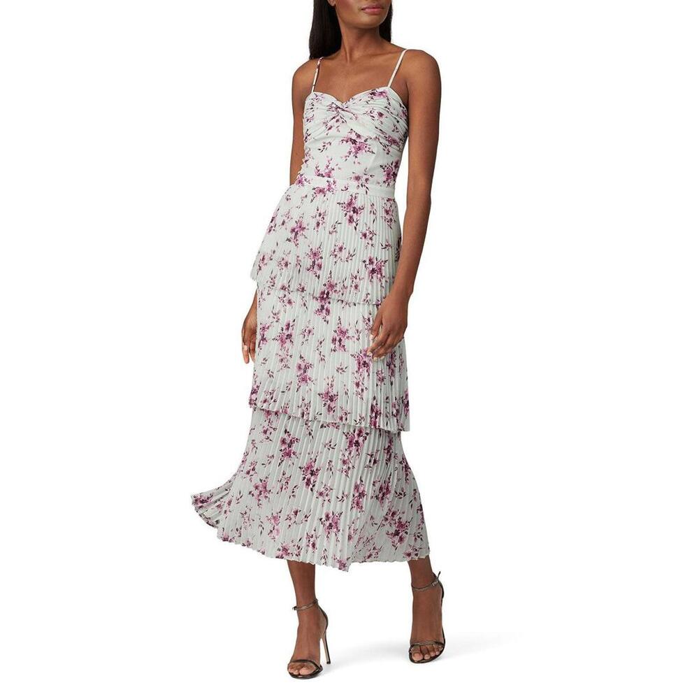 ML Monique Lhuillier Pale Mint Green Printed Tiered Pleated Dress Size 2